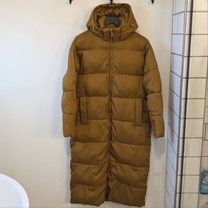 Girlfriend Collective Mustard Brown Long Puffer Coat with Hood